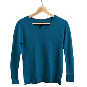Halogen Sweater 100% Cashmere Womens Petite XS Teal Blue V Neck Pullover Classic